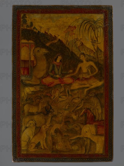 Mirror frame, Islamic art, Persian, Qajar dynasty 1785–1925; painting depicting deserts, cosmetic accessories, lovers, animals elephants, camels, palm trees, birds, turtles; reverse: frame only; 19th century, Iran; miniature; height 28.7 cm, width 18.5 cm, depth 1.4 cm., The image shows a painted scene with warm yellow and brown tones dominating the background and figures, accented by red and blue in the border and clothing. A central pair of human figures sit on the ground; one wears layered garments with visible red and blue details and the other appears bare-chested. Surrounding them is a variety of animals including a camel, an elephant, a horse with a red mane or covering, a bear-like creature standing on hind legs, several dog- and cat-like animals, a few hoofed animals, and a group of birds in flight and on the ground. The setting includes a rocky hillside, a few trees with drooping branches, and decorative architectural elements near the camel. The painted surface has an aged, ...