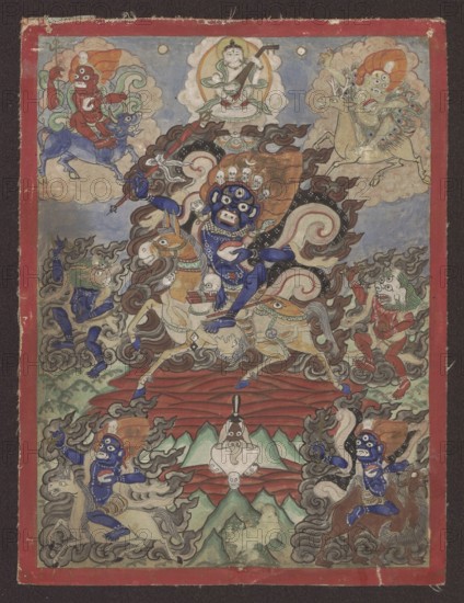 Palden Lhamo Sri Devi, unknown painter, mantras, dharmapala iconography, makaras, demons, skulls. Goddess Palden Lhamo Tib. dpal ldan lha mo surrounded by acolytes: four demons, two zoocephalic dakinis—chu srin gdong ma Skt. Makaravaktra with the head of Makara and seng ge'i gdong ma Skt. Simhavaktra with the head of a lion—and the goddess Sarasvati Tib. dbyangs can ma, of which Palden Lhamo is a wrathful emanation. Below the deity, an offering of the five senses is shown. 19th century, Tibet, scroll thangka; height 16.5 cm, width 12.5 cm., A densely detailed painted scene shows a central blue multi-eyed figure with white teeth and a crown of skulls riding a pale horse, surrounded by swirling dark clouds and stylized flames; the central figure holds an object and is flanked by a few smaller blue figures on horses or mythical beasts, as well as several red and green-skinned figures with animated expressions. The upper area contains a pale seated figure within a circular halo above cloud...