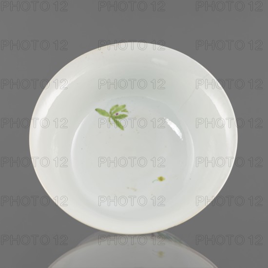 Bowl, Chinese, Qing dynasty, Yongzheng period 1723–1735. Porcelain bowl with semicircular body widening toward the upper edge; white, transparent fritted glaze. Decoration painted with overglaze enamel paints depicting rocks, peonies, and floral decorations. Height 7.6 cm; diameter 19.5 cm; weight 0.3 kg., A white ceramic bowl photographed from above, set against a gray background, with a glossy surface and a subtle reflection at the rim; inside the bowl there is a small green leaf-like motif with a tiny purple spot and a separate small yellow-green dot, and the bowl shows a few tiny specks and a faint hairline crack near the rim.