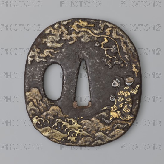 Crossguard tsuba, Japanese, early 19th century Edo period, 1603–1868. Oval tsuba tatemaru gata with a rounded edge maru mimi, unsigned. Decorated on both sides in low and high relief hirabori, takabori with landscapes, figures and architecture: obverse shows sennin Bashiko sitting under a pine tree on the seashore with a dragon above him in the clouds; reverse shows a hut on a cliff. Legend: Bashiko healed a dragon which in gratitude took him to the land of immortality. Materials and technique typical of Japanese sword fittings; height 6.6 cm, width 6.0 cm, depth 0.45 cm., A rounded dark metal object with a textured surface and two openings near its center, decorated with gold and lighter metallic inlay forming cloudlike and wave patterns and a branch with blossoms, and a small figure wearing a patterned garment and holding a bowl rendered in dark, gold, silver, and gray tones.