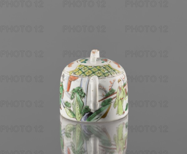 Teapot with lid;, Ceramics: colored porcelain teapot with figurative scenes; porcelain fragment with white, transparent glaze; decoration painted with overglaze enamel paints and iron red. 19th century, China. Vessel. Height 8 cm; width 14.3 cm; diameter 9.3 cm., A small white ceramic lidded container sits on a reflective gray surface, showing painted scenes of people and plants in greens, reds, oranges, and yellows; the lid has a short knob and a patterned band with green and yellow tones, while the body displays figures wearing green garments beside stylized foliage in green and touches of blue, with orange accents and a subtle reflection of the painted imagery on the surface.