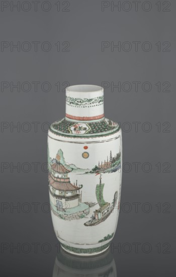 Vase, gift, Paderewski, Ignacy Jan 1860-1941, Chinese, Qing 1644–1911, ceramics, colored porcelain, landscape motifs, architectural motifs, plant motifs, Bangping vase from the green family, cylindrical with a shortened neck on a wide, flat ring foot, decorated with the text by Wang Bo entitled Prologue to the poem on the pavilion of Prince Teng and a landscape composition depicting the pavilion and its surroundings, 19th century, China, vessel, height 40.4 cm, diameter 17.8 cm, weight 2.7 kg, A tall cylindrical ceramic vase sits against a smooth gray background, predominantly white with painted scenes in green, red, black, and a touch of yellow; the neck has a decorative green scroll band and a red border, the shoulder shows a green patterned band with small framed motifs, and the body features a painted waterscape with a multi-tiered pavilion with red roofs and green accents, a boat with a green sail and small cabin, distant tree-covered hills, and a few circular sun-like shapes in r...