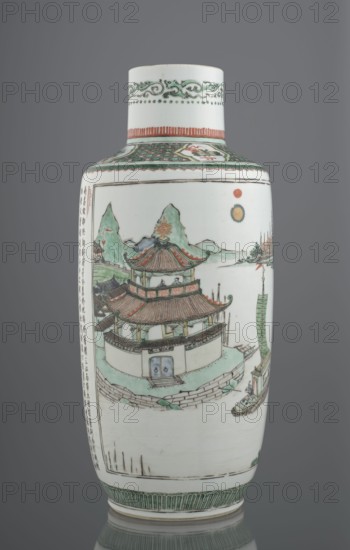 Vase, Chinese, Qing dynasty 1644–1911, 19th century. Colored porcelain Bangping vase from the green family, cylindrical with a shortened neck on a wide, flat ring foot. Decorated with the text by Wang Bo entitled Prologue to the Poem on the Pavilion of Prince Teng and a landscape composition depicting the pavilion and its surroundings; features landscape, architectural, and plant motifs. Height 40.4 cm; diameter 17.8 cm; weight 2.7 kg., A tall porcelain vase with a narrow neck and rounded shoulders stands against a gray background, decorated with a painted landscape scene in colors including white, green, red, brown, black, and a touch of yellow; the neck has a band of green scrolling motifs and a band of red vertical hatch marks, while the shoulder shows a patterned green and red border. The main body features a multi-tiered pagoda with curved red and brown tiled roofs, green structural elements, and pale walls, set on a stone base with steps and surrounded by stylized green hills and...