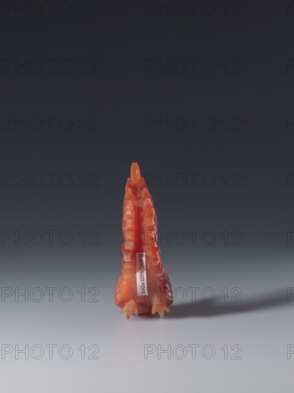 Rooster;, sculptor; ; Chinese; Qing dynasty 1644–1911; 18th–19th century; sculpture figurine depicting a rooster; materials not specified; dimensions: height 8.5 cm, width 7.0 cm, depth 2.6 cm; iconography: roosters., A small orange plastic figure resembling a bird or creature is shown from the rear, standing upright on a smooth reflective surface; the figure has a glossy finish with visible molded feather or scale-like textures and small pale orange feet, casting a soft shadow to the right, against a gradient background that shifts from dark gray at the top to lighter gray near the surface.