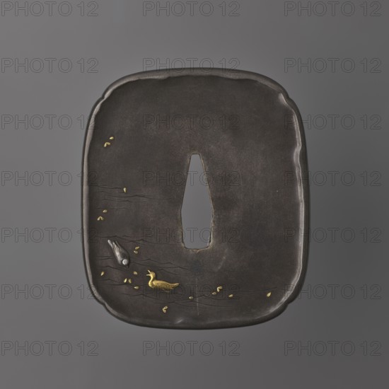 Crossguard tsuba, Takahashi Ietsugu fl. ca. 1830–1880. Tsuba in the shape of a rectangle with rounded sides with slight indentations in each corner sumi iri mokkô gata, with a slightly raised edge uchi kaeshi. Two-tone shield crossguard — obverse made of shakudo alloy, reverse of shibuichi. Decorated in high relief using inlay and engraving: obverse shows a blossoming cherry tree standing on the seashore with a mountain peak silhouetted among the clouds; reverse depicts two swimming ducks and cherry blossom petals falling onto the water. Signature: Takahashi Ietsugu sei. 1st half of the 19th century Edo period, 1603–1868, Japan. Type: tsuba. Dimensions: height 7 cm, width 6 cm, depth 0.5 cm., A dark, square-edged metal object with rounded corners and a central tapered opening is shown against a gray background; the metal surface is mostly charcoal and black with a slightly textured, worn appearance, and it features a few small gold-colored leaf-like accents scattered across the surface...