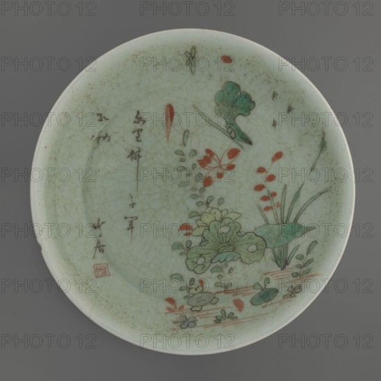 Plate; creator, 18th century, Qing dynasty China; porcelain vessel, height 3.5 cm, diameter 21.6 cm, weight 0.5 kg; Chinese art; Qing style; decorated with inscriptions, lotuses, and plants., A shallow round dish with a pale green celadon glaze showing a network of fine crackle lines, decorated with painted botanical motifs including stylized leaves, lotus-like flowers, and slender grasses in shades of green and red-orange, with additional small accents in darker green and muted brown; the rim and interior show areas of light speckling and age-toned spots, and the background beyond the dish is a solid medium gray.