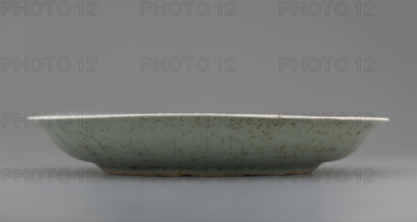 Plate, Chinese art, Chinese culture, Qing dynasty 1644–1911, Qing style, inscriptions, lotuses, plants, 18th century, China, vessel, height 3.5 cm, diameter 21.6 cm, weight 0.5 kg, A shallow, wide ceramic dish with a pale green glazed surface showing a network of fine crackle patterns and scattered dark speckles sits centered against a smooth gray background; the dish rim is thin and lighter in color, the underside near the base shows a warmer brownish edge where the glaze is thinner, and overall the colors present are pale green, gray, white, dark brown, and a hint of warm brown.