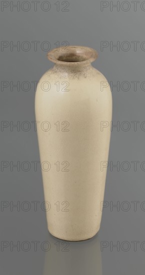 Cylindrical porcelain vase, tapering towards the bottom; flat rim. Light cream glaze with fine cracklework. Wooden, round, flat saucer on three legs. 19th century, Japan. Vessel. Height 21.1 cm; diameter 8.4 cm; weight 0.6 kg. Japanese art; ceramics; saucers; vases; cracklework decoration; Edo 1603–1868., A single tall ceramic vase with a rounded shoulder and flared rim sits against a smooth background; the vase is a creamy off-white color with subtle crackle texture and slight darker aging around the rim, and the background shows shades of gray.