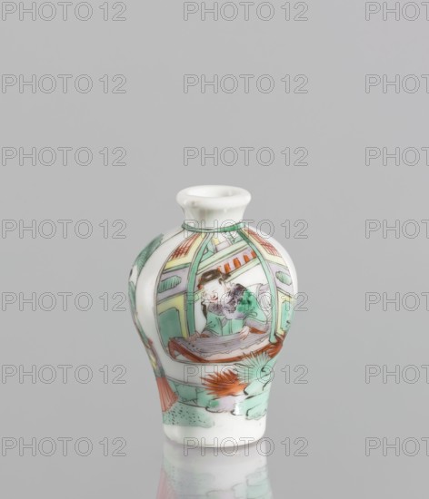 Flask - Snuffbox, Chinese, 18th century. A baluster-shaped flask, significantly widened at the shoulders. Decorated with a fragment of landscape and architecture. Thick white porcelain body. Figurative scenes, colored porcelain. Vessel; height 7 cm, diameter 4.7 cm., A small white porcelain vase with a rounded body and narrow neck is shown against a light gray background; the vase is decorated with painted scenes in green, red, orange, and brown, including a depiction of a person wearing green clothing seated inside an arched interior, surrounded by architectural elements and stylized plant motifs, with additional green and orange foliage and decorative bands wrapping around the body.