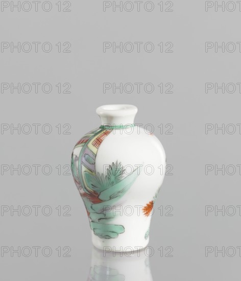Flask - Snuffbox, A baluster-shaped flask, significantly widened at the shoulders. Decoration includes a fragment of landscape and architecture and images of women in figurative scenes. Thick white porcelain body white cake. Colored porcelain snuffbox. 18th century, China. Vessel; height 7 cm, diameter 4.7 cm., A small white ceramic vase with a rounded body and narrow flared neck sits against a plain light gray background and reflects faintly on the surface beneath it; the vase is decorated with painted motifs in green, pale turquoise, orange, red, and purple, including stylized leaves or fronds, fan-like shapes, and abstract curved forms wrapping partially around the body.