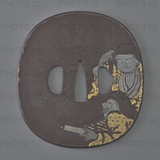 Crossguard tsuba, Senryûsai, Yasumitsu, / personal slogans / craftsman, Ichiryû,  school, Hanabusa Itchô 1652–1724 painter painting design. Tsuba in the shape of a rectangle with rounded corners nadegaku gata and an edge slightly raised above the surface of the shield uchi kaeshi. Decorated in low relief with figures of two immortals, Jittoku and Kanzan, reading a scroll; on the reverse a landscape motif with a golden sun disc emerging from behind the clouds. Details and ornament of the characters' costumes made with gold inlay using the nunome technique. Edo period 1801–1830, Japan, Mito. Tsuba; height 8.7 cm, width 8.0 cm, depth 0.4 cm., An oval dark brown metal object with three irregular oval cutouts near the center and a decorative scene along the right edge showing a stylized humanlike figure and an animallike face rendered in gray tones with accents of bright gold; the right-edge decoration includes patterned gold areas and swirling gold details against the dark brown background...