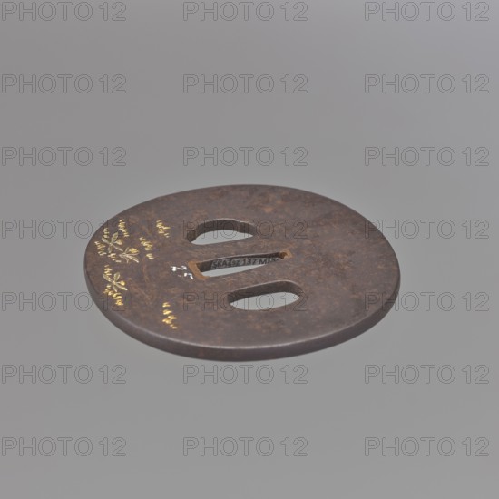Crossguard tsuba, Ichiryûsai Masamitsu; Shôami school. Oval tsuba tatemaru gata decorated in high relief with colored metals iro-e zôgan: on one side a stream winds among grasses and dandelions; on the other a buffalo and a she-buffalo graze in a flowery meadow. Japanese, Edo period, 1st half of the 19th century. Materials: metals with colored inlay. Function: sword crossguard. Dimensions: height 7.6 cm; width 7.6 cm; depth 0.4 cm., A round flat metal object with a dark brown, rusted surface floating against a light gray background, showing a few elongated oval cutouts and a central rectangular slot, and decorated on one side with a few small gold-colored floral or leaf-like accents.