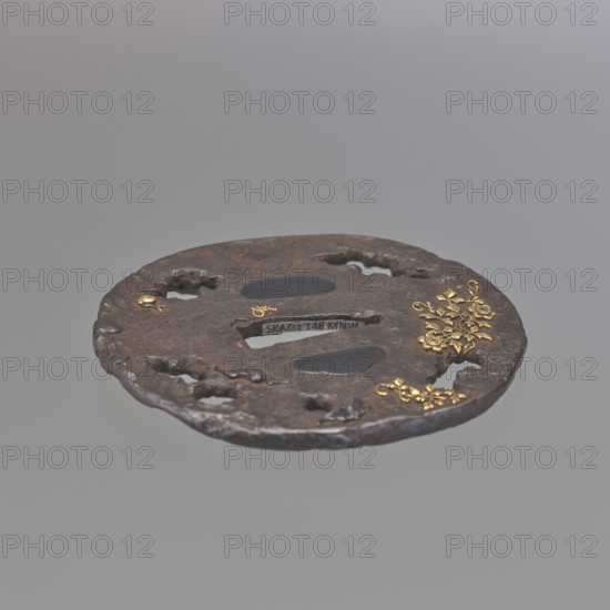 Crossguard tsuba, Oval tsuba tatemaru gata with an irregular edge, surface textured to imitate rock and cut into openwork irregular elongated holes. Inlaid in high relief with a motif of a blooming rose bush, a snail and flying bats. Signed: signature in flat gold inlay: italic character ju naga. 18th century Edo period, 1603–1868, Japan. Tsuba; height 8.0 cm, width 7.5 cm, depth 0.5 cm., A round, flat metal object with an irregular, rough edge suspended against a plain light gray background; the metal surface is primarily dark brown with areas of darker gray and black, and it features a few smooth oval cutouts and several irregular holes. There are small decorative floral elements in a bright gold color clustered along one side and a few tiny gold accents elsewhere, while some areas of the metal show a subtle sheen and slight texture variations.