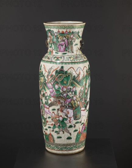 Vase;, Slightly tapering toward the bottom with a thick neck slightly flared upward and two small handles shaped like a plum blossom branch. Body decorated with an elaborate battle scene of warriors on foot and on horseback; neck decorated with a dignitary surrounded by her entourage. Colored porcelain, decorative ceramic vessel. 19th century, China. Height 61 cm; diameter 19.6 cm., A tall ceramic vase with a narrow neck and flared rim sits against a dark background, decorated all over with detailed painted scenes in green, pink, red, brown, black, and cream; the body shows a lively procession of human figures and animals rendered in green and pink clothing with brown and black accents, framed by stylized green foliage and ornamental bands, while the neck features a group of seated and standing figures beneath a decorative border, and the entire surface has a crackled cream glaze with small dark handles on the shoulder.
