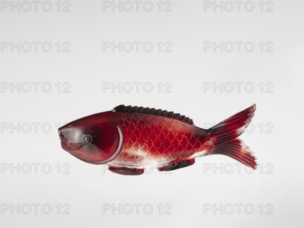 Snuffbox, creator unknown, carved with carps fish; Chinese, Qing dynasty 1644–1911; glass stained purple with gold chloride; 18th century; vessel; height 11.0 cm, width 4.0 cm., A carved fish-shaped object with textured scales and a serrated top edge, rendered in deep red that transitions to darker burgundy and hints of black near the head and fin edges, and with subtle areas of pale, almost translucent white along the belly and fin tips, shown against a plain light gray background.
