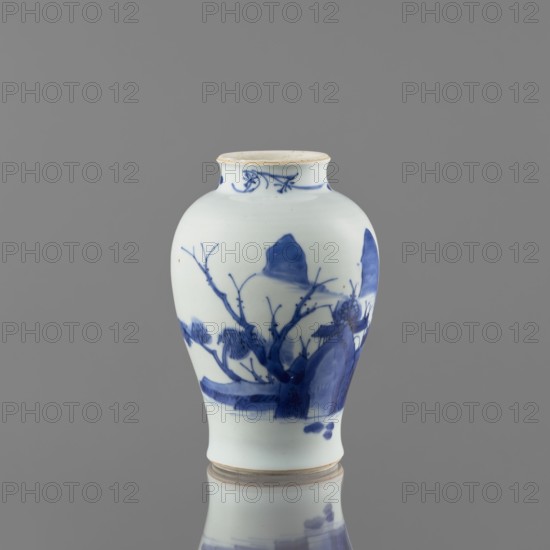 Meiping-type vase, ceramics, Meiping vessel type, blue and white porcelain, Qing style 1644–1911, decorated with landscape motifs including rocks, trees, and a pagoda; neck decorated with small plant motifs, Chinese art, pagodas, vase with a short neck, 1662–1722, China, vessel, height 17.7 cm, diameter 11.8 cm, A white ceramic vase with blue painted decoration sits against a solid gray background, showing a rounded body that tapers toward a slightly flared neck and base; the blue design includes a landscape motif with a tree branch, foliage, and rock-like forms, with additional decorative blue accents near the neck and base, and the vase and its blue-and-white reflection are visible on the glossy surface below; visible colors include white, blue, gray, and a hint of beige around the rim and base.