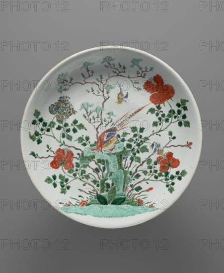 Platter, pheasants and flowers, polychrome porcelain colored porcelain, Qing dynasty 1644–1911, 18th–19th century, China; vessel; height 5.9 cm, diameter 35.3 cm., A round ceramic dish with a glossy white interior decorated with a painted natural scene; the decoration shows a group of green leafy branches and stems rising from a green ground area, with several red-orange flowers and a few bluish-green leaves, a multicolored flower with blue and yellow tones, and a pair of birds rendered in red, yellow, blue, and brown perched among the foliage and a pale green rock formation; the rim of the dish is plain white with a thin worn edge, and the background behind the dish is a smooth medium gray.