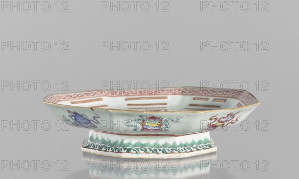 Platter, ceramics, colored porcelain, Qing dynasty Tongzhi period, 1862–1874, Chinese, diameter 24.5 cm, height 5.8 cm. In the mirror, the Taoist sign Taiji appears as two stylized birds intertwined, surrounded by the symbols of the Eight Immortals and their corresponding trigrams. The outer rim is decorated with Buddhist symbols. Function: vessel., A shallow, oval ceramic dish with an octagonal foot sits on a reflective surface against a pale gray background; the dish has a pale greenish-white base color with decorative motifs in pink, red, blue, yellow, green, purple, and gold along its rim and sides, including a repeating pink border inside the rim, stylized floral or ribbon-like designs in blue, purple, red, and yellow on the exterior panels, and a green decorative band around the foot, with the upper edge highlighted in gold.
