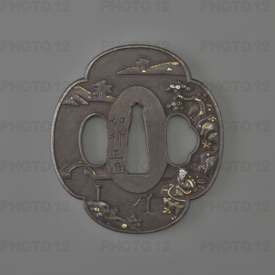 Crossguard tsuba, sword crossguard, landscape motifs, tsubas, fishermen, Japanese art and culture, weapons, melee weapons, swords, katana, bridges, rocks, plants. Plastic decoration: obverse — fisherman sitting by the water against a landscape background; reverse — landscape. 19th century, Japan European copy. Tsuba, height 6.9 cm, width 6.3 cm, depth 0.4 cm., A dark metal, cloud-shaped object with an oval central opening and two rounded side openings rests against a neutral gray background, showing a surface adorned with small inlaid areas of gold and silver that form decorative accents; the metal has a matte, slightly worn dark brown to black patina, with raised and incised ornamental motifs including rounded forms, floral shapes, and curved lines, and a few brighter metallic highlights where the gold and silver are applied.