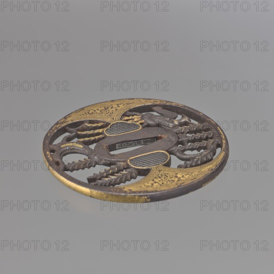 Crossguard tsuba, Japanese, Edo period 1603–1868, early 18th century, weapons — sword crossguard tsuba, maru gata round, kaku mimi rectangular edge. Aizu-Shôami style. Tsuba with oval ryôhitsu-ana blinded with shakudô. Decorated in positive openwork yô sukashi with a hoo phoenix perched on a willow tree; decoration and edge embellished with gold inlay using the nunome technique. Not signed. Materials/technique: metal shakudô, gold inlay. Dimensions: height 8.4 cm, width 8.2 cm, depth 0.45 cm. Japan., A circular carved object with an openwork design showing a few curved and linear cutouts, with decorative raised textured areas and floral-like motifs; the object has a dark brown base color with several areas of gold detailing and a few worn spots where the gold appears faded, set against a smooth light gray background.