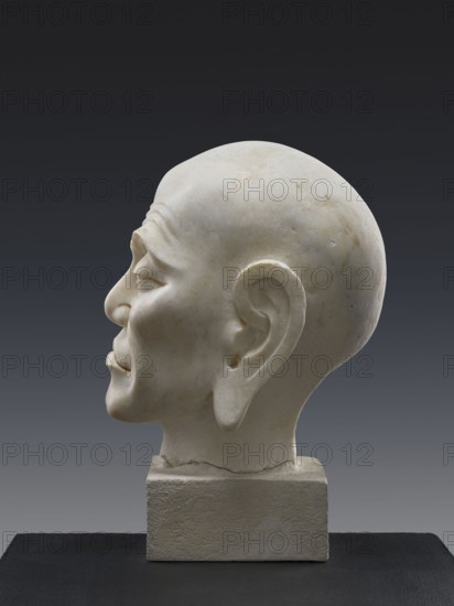 Head of Luohan, sculptor unknown, Chinese, Qing 1644–1911; Chinese Buddhism; arhat/luohan iconography; monks; possibly 9th century or, per a specialist, may be contemporary from the late Republic period 19th century; sculpture; height 52 cm., A side view of a pale stone sculpture of a human head mounted on a rectangular stone base, showing smooth rounded contours and carved facial features including a pronounced ear, brow, nose, lips, and chin, with subtle surface discoloration and small pits on the stone; the sculpture sits on a dark surface against a gradient background that transitions from dark gray at the top to a lighter gray near the bottom, and the visible colors are shades of off-white, beige, gray, and black.