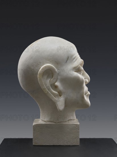 Head of Luohan, Chinese art; Chinese culture. Qing 1644–1911. Chinese Buddhism; arhat iconography; monks; Luohan iconography. Inscription/attribution note: according to a Chinese specialist in Buddhist art, the sculpture appears to be contemporary and may come from the late Republic period, 19th century, though another note suggests 9th century. China. Sculpture, height 52 cm., A sculpted head in profile carved from pale stone with visible subtle discoloration and surface variations, mounted on a rectangular stone base; the head shows a smooth rounded skull, a prominent ear, defined facial features including a brow ridge, closed eye, nose, lips, and chin, with carved creases on the forehead and around the mouth; the base and head rest on a dark flat surface, and the background is a gradient of dark gray to lighter gray, with colors including pale off-white, gray, beige, and dark charcoal.