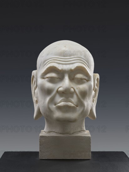 Head of Luohan, creator unknown, Chinese, Qing 1644–1911; subject: arhat/luohan, monk; material: sculpture; inscriptions/notes: according to a Chinese specialist in Buddhist art the sculpture appears to be contemporary and may date to the late Republic period, 19th century, though another note suggests China, 9th century; height 52 cm., A stone bust of a bald head displayed on a rectangular plinth, carved with pronounced facial features including furrowed brows, drooping eyelids, a broad nose, and downturned lips; the ears are prominent and slightly elongated, and the neck shows subtle musculature and a crack at the base where it meets the plinth. The sculpture surface is pale off-white with faint darker mottling, set against a smooth gradient background transitioning from dark charcoal at the top to medium gray toward the bottom, and the plinth is a textured light beige resting on a flat dark gray or black surface.