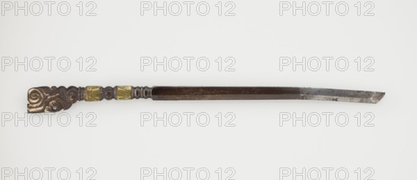 Dagger, craft, Tibetan, militaria, daggers weapons, 19th century, Tibet place of origin?, weapon, height 25.8 cm, A long, slender metal object with a straight, tapered blade on one end and an ornate handle on the other; the blade is silvery gray with darker gray patches and some surface discoloration, transitioning into a darker brown shaft; the handle is carved with flowing, scroll-like shapes in dark brown with areas of lighter tan, and it includes a couple of decorative metallic bands in a muted gold color; the overall background is plain off-white.