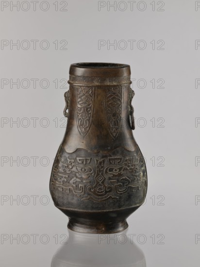 Hu-type vessel, bronzes, Chinese art, Chinese culture, Qing 1644–1911, ceremonial/ritual vessel, taotie iconography, meander ornament, Qing style, 19th century, China, height 28.0 cm, width 19.0 cm, The image shows a bronze vessel with a rounded body tapering to a narrower neck and a flared rim, standing on a short foot; the vessel has a dark brown metallic surface with areas of lighter brown and subtle greenish patina, and decorative incised and raised patterns covering the neck and body including elongated floral motifs on the upper section and intricate interlocking, curvilinear designs on the lower section; there are a pair of looped side handles with carved detailing, and the vessel is photographed against a smooth light gray background with a faint reflection of the base visible on the surface below.