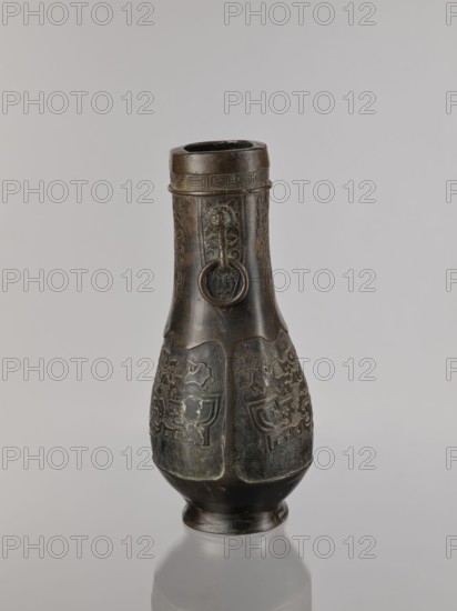 Hu-type vessel, bronze, Chinese, Qing dynasty 1644–1911, 19th century; ceremonial/ritual vessel with taotie iconography and meander ornament; height 28.0 cm, width 19.0 cm., A tall, narrow metal vessel with a rounded base and flared neck, showing a dark brown and greenish patina with areas of lighter brown and black; the body is divided into several vertical panels each decorated with raised, intricate carved motifs and repeating geometric borders; a decorative ring handle hangs from a sculpted mask or animal face near the upper neck; the surface shows varied textures from smooth to finely incised patterns and a subtle reflective sheen on the base.