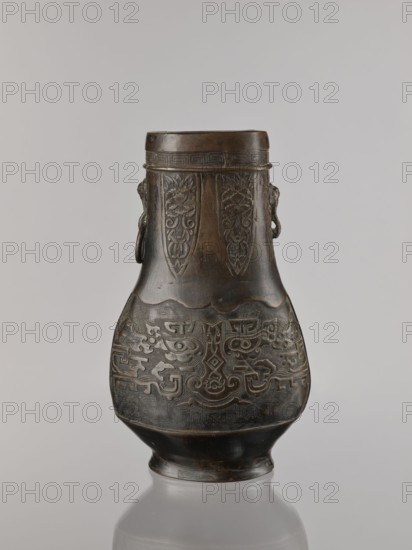 Hu-type vessel, bronze, Chinese, Qing 1644–1911, 19th century, ceremonial/ritual vessel, taotie iconography, meander ornament, height 28.0 cm, width 19.0 cm, A dark brown metal vessel with a bulbous lower body tapering into a narrower neck sits against a pale gray background; the surface shows carved decorative panels including floral motifs and patterned bands, with a few raised ring-like handles attached near the neck, and the lower portion features intricate abstract relief designs in the same dark brown tone, with subtle areas of lighter brown patina and slight shine on the base.