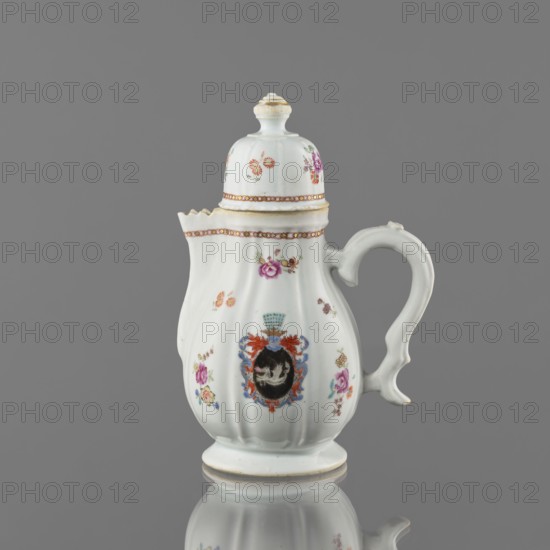 Jug with a lid, ceramics with enamel paints, Canton China, Qing style, colored porcelain export product, 19th century. Chinese, export porcelain decorated in European fashion: coat of arms — white griffin on a black field; coat of arms surmounted by four, batons. Function: vessel jug; height 21.2 cm, width 14.4 cm, diameter 10.4 cm., A white porcelain jug with a lid sits against a gray background, showing a curved handle and a scalloped spout; the surface is decorated with several floral motifs in pink, purple, orange, and green, and a central ornate cartouche in black, blue, orange, and gold tones; the lid and rim feature a decorative band in gold and reddish-brown, and touches of gold appear on the finial and base; the piece casts a faint reflection on the surface below.