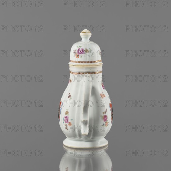 Jug with a lid, ceramics with enamel paints, Canton China, Qing style, Chinese export porcelain, colored porcelain decorated with European coat of arms: white griffin on a black field surmounted by four, batons; 19th century, Canton export product, vessel; height 21.2 cm, width 14.4 cm, diameter 10.4 cm., A white ceramic vessel with a lid and a curved handle, decorated with small floral motifs in pink, purple, red, orange, yellow, green, and blue, and banded with thin gold accents; the surface shows a glossy finish and the object sits on a round base reflected on a smooth gray surface against a solid gray background.