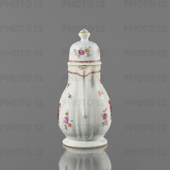 Jug with a lid, ceramics with enamel paints, Canton China, Qing style, Chinese export colored porcelain, 19th century. Decorated with coats of arms: a white griffin on a black field; coat of arms surmounted by four, batons. Function: vessel jug, height 21.2 cm, width 14.4 cm, diameter 10.4 cm., A white porcelain vessel with a rounded, fluted body and a domed lid topped by a small knob, decorated with small floral motifs in pink, red, orange, blue, green, and yellow, and accented by thin gold bands; the vessel has a spout-like projection at the neck and sits on a slightly raised circular base, shown against a neutral gray background with a faint reflection beneath it.