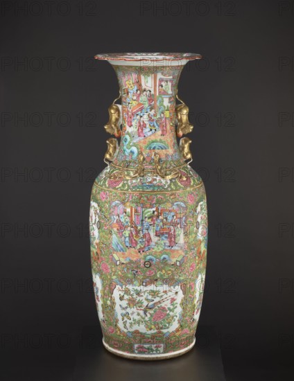 Vase, Chinese, 19th century, porcelain vessel decorated with figurative court scenes, butterflies, floral and plant ornaments; colored porcelain; height 93 cm, diameter 34 cm; China., A tall ornate porcelain vase sits against a dark background, predominantly decorated with green, pink, and gold hues along with accents of white, blue, and red. The vase has a flared rim with a scalloped edge, detailed painted scenes on the neck and body featuring small groups of figures and architectural elements rendered in bright colors, and ornate gilt handles on the neck shaped like stylized animal heads. The main body is richly patterned with floral and foliate motifs in green and pink, framed white panels containing painted floral and bird images, and intricate decorative bands encircling the shoulder and base, all set on a white porcelain ground with gold highlights.