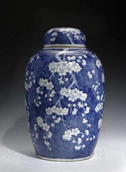 Ginger vessel with lid, Chinese, Qing dynasty, Kangxi period 1662–1722. Porcelain spice vessel ovoid. Decoration: flowering plum branches covering the entire surface against a cracked ice ornament background. Height 41.0 cm; width 25.0 cm., A lidded ceramic jar with an overall blue background and white floral motifs covering its rounded body and lid, the surface showing a crackled texture; the flowers appear in clusters with branching stems and small buds, and the jar sits on a light surface against a dark backdrop, with visible colors including blue, white, black, gray, and a hint of beige at the base.
