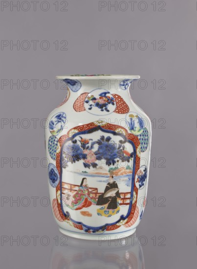 Vase, Tashiro, Japanese art, Japanese culture, figurative scenes, vases, decorative vessels, colored porcelain, ceramics, Meiji 1868–1912, peonies, camellias, genre scenes with landscape background, wisteria, fish, pine trees, asanoha pattern, plants, Edo 1603–1868, 2nd half of 19th century, Japan, Hizen, Arita; vessel; height 28.5 cm; diameter 19.0 cm, A porcelain vase with a white base color decorated with a variety of painted motifs in blue, red, green, yellow, pink, black, and gold; the vase has a flared rim and rounded shoulders narrowing toward the base, and features several oval cartouches and patterned panels around its body, including a large framed scene on the front showing two seated figures on a veranda beside a body of water with distant hills, framed above by large blue and pink floral motifs and bordered by red and blue ornamental bands; additional small circular and oval medallions with floral and geometric designs appear around the upper and lower sections, and the ov...