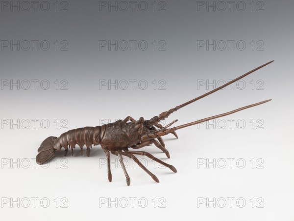 Lobster-shaped okimono Ise ebi, bronze jizai okimono depicting a lobster; late 19th century Meiji period, 1868–1912, Japan; Japanese art; marine animal figurine; length 42.0 cm, width 21.0 cm, weight 1.08 kg. This type of lobster is called Ise ebi because many are harvested in Ise Province Mie Prefecture. The lobster's spiny shell is said to protect people from demons oni and bring good luck. In some regions of Ise Province, there is an old custom of decorating sacred ropes shimenawa at shrines with lobster shells., A sculpted crustacean-like object rests on a smooth surface, showing a segmented body with a textured carapace and a fan-shaped tail. It has multiple jointed legs splayed beneath the midsection and a pair of long, slender antennae extending forward. The surface of the object appears metallic with a brown tone, and the background transitions from light gray near the surface to darker gray higher up.