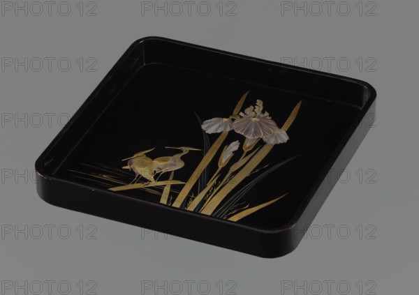Tray, ; wooden tray covered with black roiro lacquer; decoration: two wading herons and a clump of irises made with gold and silver hiramaki-e three dark blue leaves; kachôga bird-and-flower motif; Meiji Period 1868–1912, 19th/20th century, Japan; height 3.5 cm, width 28.3 cm, depth 28.3 cm., A square black tray with rounded corners sits against a neutral gray background, showing a decorative painting on its inner surface that features a group of golden long leaves and stems, a few pale beige and cream flowers with delicate petals, and a pair of small golden birds near the leaves; the tray's edges and interior remain glossy black with subtle reflections.