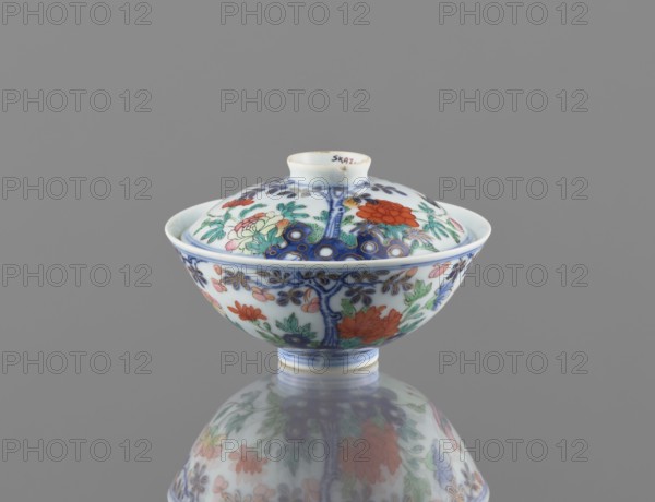Bowl with a lid, Chinese, Qing dynasty, Qianlong period 1736–1795. Colored porcelain vessel, height 7.5 cm, diameter 11.7 cm, weight 0.2 kg. Decoration: in a garden setting boulders, trees, peonies, magnolias, chrysanthemums two pheasants and a butterfly. Signed., A small lidded porcelain bowl sits on a reflective surface against a plain gray background, showing a decorative pattern of floral and botanical motifs in colors including white, blue, green, red, orange, pink, and gold; the bowl has a rounded shape with a short foot and a domed lid topped by a small knob, and the painted designs cover the exterior and lid with leafy branches, blossoms, and stylized circular elements, with the reflection of the bowl visible beneath it.