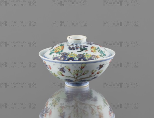 Bowl with a lid, Chinese, Qing dynasty, Qianlong period 1736–1795. Colored porcelain vessel, height 7.5 cm, diameter 11.7 cm, weight 0.2 kg. Decoration: in a garden setting with boulders, trees, peonies, magnolias, chrysanthemums, two pheasants and a butterfly. Signed., A small lidded porcelain bowl with a rounded body and short foot sits on a reflective surface; the porcelain is primarily white with painted floral and foliage motifs in colors including blue, green, yellow, orange, red, and purple, and a blue rim accent; the lid has a small knob and matching floral decoration, and the bowl’s reflection shows a softened, mirrored version of the same colors against a neutral gray background.