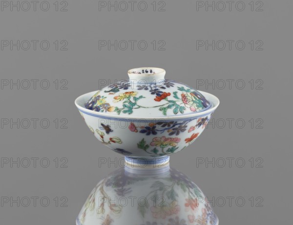 Bowl with a lid, Chinese, Qing dynasty, Qianlong period 1736–1795. Colored porcelain vessel, height 7.5 cm, diameter 11.7 cm, weight 0.2 kg. Decoration: in a garden setting with boulders, trees, peonies, magnolias, chrysanthemums, two pheasants and a butterfly. Signed., A small lidded porcelain bowl sits on a reflective surface, showing a mirrored underside; the bowl is predominantly white with hand-painted floral motifs in colors including green, red, pink, orange, yellow, blue, and purple, with fine blue rim lines and accents; the lid has a raised knob and matching floral decoration, and the overall background of the image is a uniform gray.