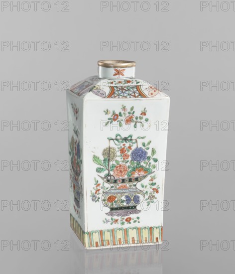 Bottle, Chinese, 18th century, porcelain vessel, decorated on each side with a basket of peonies, four flower sprigs and at the base of the belly a trail of lotus petals; on the shoulders with butterflies, trellises with flower rosettes and sprigs with flowers; on the neck four insects. Height 25.3 cm; width 10.8 cm; depth 10.8 cm. Materials: colored porcelain. Themes: peonies, butterflies, floral decorations, insects., A tall, rectangular porcelain container with a small round neck and rim sits against a plain gray background; the surface is predominantly white with painted floral decorations in green, orange, pink, blue, purple, yellow, and gold accents; one visible face shows a decorative vase motif filled with stylized flowers and leaves, with additional small floral sprigs above and below, and a patterned border along the base in soft green, yellow, and orange; the top panels display geometric and floral bands in similar colors, and the neck has a small floral motif and a gold-col...