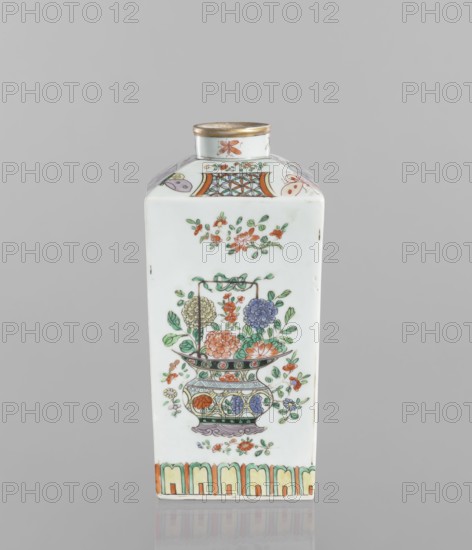 Bottle, vessel, Chinese, 18th century, porcelain; decorated on each side with a basket of peonies, four flower sprigs and at the base of the belly a trail of lotus petals; on the shoulders with butterflies, trellises with flower rosettes and sprigs with flowers; on the neck four insects. Dimensions: height 25.3 cm, width 10.8 cm, depth 10.8 cm., A rectangular porcelain vessel with a narrow round neck and a metallic rim stands against a plain gray background; its white surface is decorated with colorful painted floral motifs including a stylized ornate bowl holding a variety of flowers and leaves in shades of green, orange, purple, yellow, and blue, with additional small flower sprays above and below the central motif, patterned decorative bands near the top featuring orange and green elements, and a repeating scalloped border in orange, green, and yellow along the base.