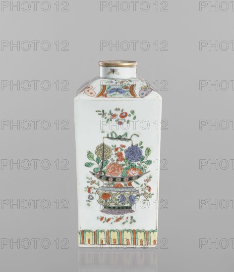 Bottle; decorated colored porcelain vessel, 18th century, China. Decorated on each side with a basket of peonies, four flower sprigs and a trail of lotus petals at the base of the belly; on the shoulders with butterflies, trellises with flower rosettes and sprigs with flowers; on the neck with four insects. Height 25.3 cm; width 10.8 cm; depth 10.8 cm. Subjects: peonies, butterflies, insects, floral decorations., A rectangular white porcelain bottle with a short cylindrical neck and a gold rim features a painted floral arrangement on its front face, showing a decorative vase filled with a group of flowers including blooms in orange, purple, yellow, and blue with green leaves and small scattered blossoms; the shoulder area has bands of patterned panels in orange, green, purple, and blue, and a small insect motif on the neck; the base edge is accented with a repeating arch pattern in green, orange, and yellow, all set against a light gray background.