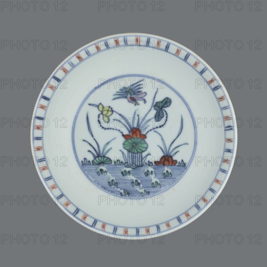 Plate, Chinese art, Chinese culture, Qing dynasty 1644–1911, colored porcelain, decoration of lotuses and ducks in mirror and outside, 1st half of the 18th century, China, vessel, height 3.5 cm, diameter 15.8 cm, A round ceramic plate photographed against a solid gray background, predominantly white with painted decoration; the center shows a circular medallion containing a stylized scene of plants and flowers with a few leaves and blossoms rendered in blue, green, red, yellow, and a touch of purple, and a patterned band of horizontal blue lines at the lower part of the medallion suggesting water with small green tufted shapes above it; the rim of the plate has a repeating border motif in blue and red around the edge.
