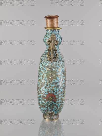Vase - moon bottle pilgrim with a sleeve, cloisonné enamel, Qing 1644–1911, 19th century, China, decorated with peacocks, herons, dragons, flower and lotus tendrils, height 39.3 cm, width 28.5 cm, depth 11.4 cm., A tall, narrow vase with a bulbous midsection and a flared neck, predominantly turquoise with intricate darker blue and brown swirling patterns and accents of red and gold; the neck has a metallic rim and a copper-colored cylindrical insert, and a decorative metallic mount in a brass tone is attached near the top; the base mirrors the color scheme and the vase is shown against a neutral light gray background with a subtle reflection visible beneath it.