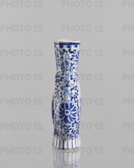 Bian hu moon pilgrim bottle, ceramics, figurative scenes, blue-and-white porcelain, Chinese art, Chinese culture, floral tendril, circus performers, plant ornaments, 17th century, China, vessel, height 15 cm, diameter 3.5 cm, A tall narrow ceramic vessel with a glossy white base and blue painted floral and scrolling motifs, featuring a raised decorative element along its front, a flared rim with a blue band, vertical blue stripes near the base, and a subtle reflection beneath on a smooth gray surface; visible colors include white, blue, and gray.