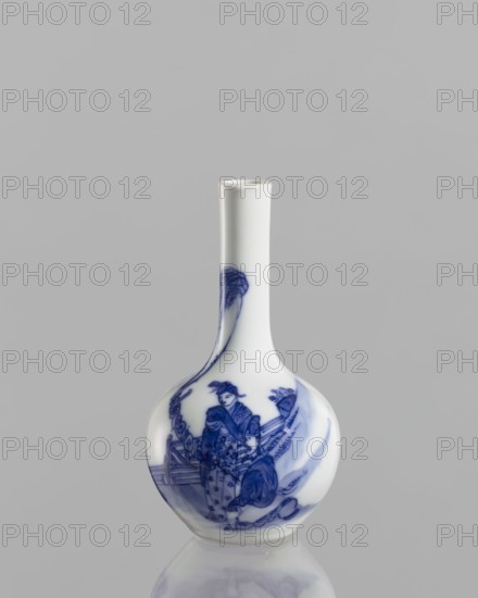 Vase-bottle, blue and white porcelain, figural scenes and landscape motifs, Chinese, Kangxi period 1662–1722, China; vessel, height 12 cm; maker, ., A white porcelain vase with a long narrow neck and a rounded body sits against a pale gray background, decorated with a blue painted scene that includes a group of human figures and flowing ornamental shapes; the blue decoration varies in intensity from deep cobalt to lighter washes, and the vase surface has a glossy finish that produces subtle reflections on the base.