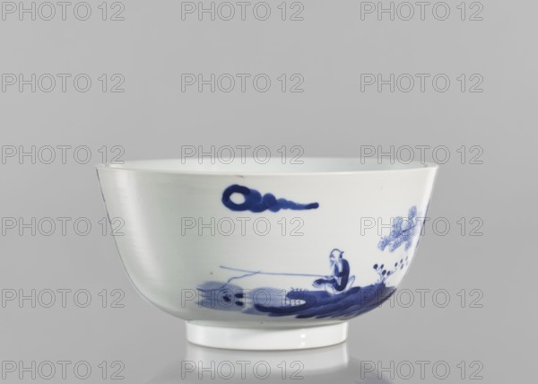 Bowl, ceramics, blue and white porcelain, inscriptions, landscape motifs, fishermen, Chinese culture, pines, trees, Qing 1644–1911, ?? Wèi Shui — the Wei River, ??? tóu gan rì — the day of casting the fishing rod, ?? Qí Shan — Mount Qi, ??? rù mèng chén — entering a dream in the morning verse evokes a peaceful or nostalgic scene of fishing by the Wei River and Mount Qi, 19th century, South China, vessel, height 8.8 cm, diameter 17 cm, A white porcelain bowl with blue painted decoration sits against a pale gray background, showing a curved rim and a short foot; the exterior features a blue-painted scene that includes a seated figure near stylized plants and brushstrokes that suggest water or landscape, plus a few abstract blue marks higher on the wall, with visible shades of white, blue, and gray.